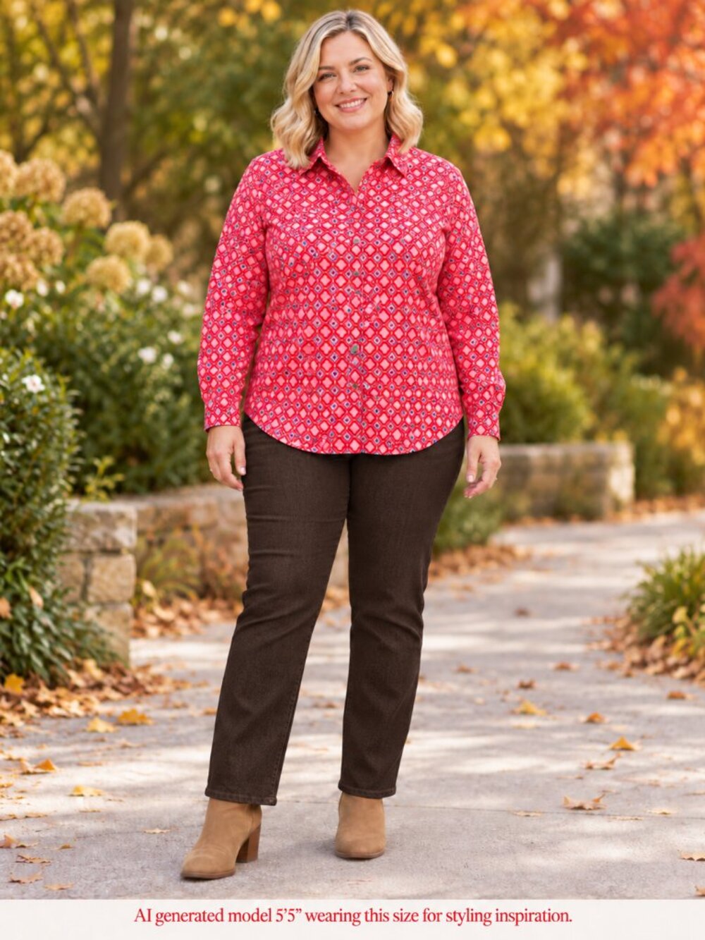 Preppy Lands’ End Geometric Cotton Popover Blouse Pink Red Size 18